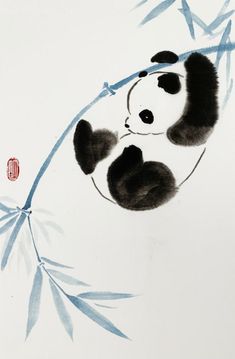 a painting of a panda bear hanging from a bamboo branch with chinese writing on it