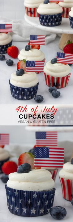 cupcakes decorated with american flags and strawberries