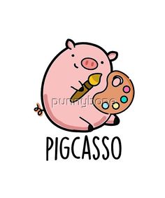 a cartoon pig holding a paintbrush and painting the word picasso on it