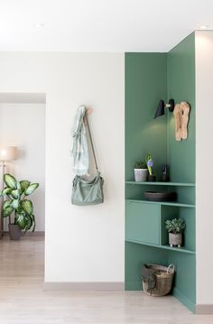 there is a green shelf in the corner of this room with two plants on it