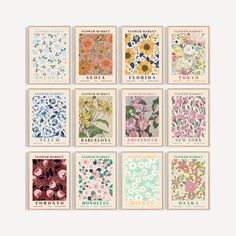 six flower cards with different colors and designs on them, each featuring an assortment of flowers