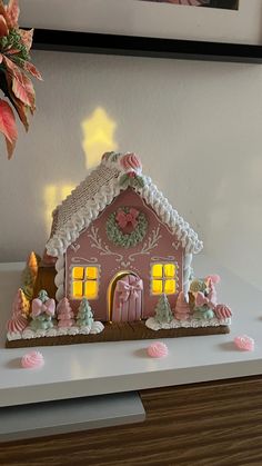 Handmade Pink Clay Gingerbread House, Lit Christmas House, Pastel House Gift - Etsy Pink Ginergerbread House, Gingerbread House Fairytale, Different Gingerbread House Ideas, Gingerbread House Decorations Easy, Ideas For Gingerbread Houses, Pink Gingerbread Houses, Mini Christmas Houses Diy, Painted Gingerbread Houses On Wood