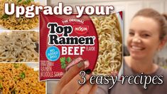 a woman holding up a bag of ramen beef with the words upgrade your top ramen beef