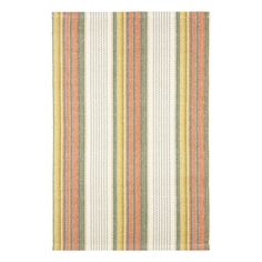 an orange, yellow and green striped rug on a white background with vertical stripes in the middle