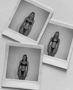 three black and white photos of women in bikinis, one with her hands on her hips