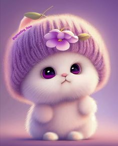 a white cat wearing a purple hat with flowers on it's head and eyes