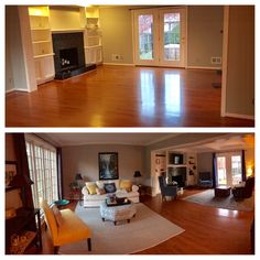 before and after pictures of a living room with hard wood flooring, fireplace in the center