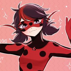 a ladybug girl with black and red hair wearing a polka dot dress, holding her arms out