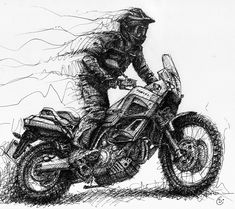 a drawing of a man riding a motorcycle on a dirt track with mountains in the background