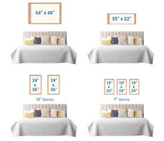 four frames showing the size of a bed and how to measure it for each bed