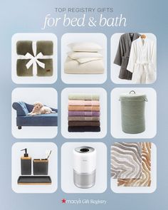 an advertisement for bed and bath products with pictures of items on it that include towels, blankets, soaps, toiletries