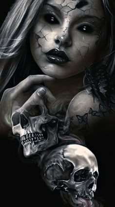 a woman with makeup holding two skulls in her hands