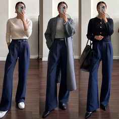 Outfit With Blue Trousers, Blue Pants Outfits For Women, How To Style Blue Trousers Women, Navy And Grey Work Outfit, Dress Down Trousers, Navy Blue And Gray Outfits For Women, Navy Pants White Sneakers Outfit, Blue Pants Outfit Fall, Blue And Black Work Outfit