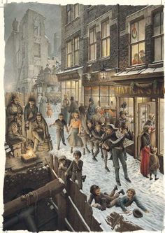 a painting of people playing in the snow