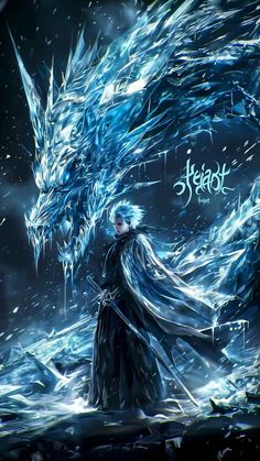 an image of a man standing in front of a dragon with ice on it's face