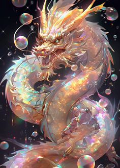 a white dragon with bubbles floating around it