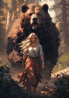 a woman is walking in front of a large brown bear with her mouth wide open