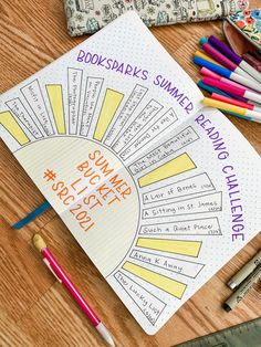 a bookmarks summer reading challenge is on the table next to pencils and markers