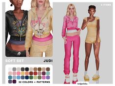 two women in different outfits and colors for the simse version of the game, judi