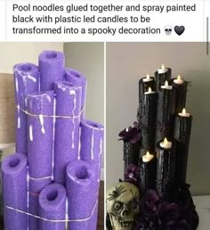 purple candles are stacked on top of each other and decorated with skulls, flowers, and ribbons