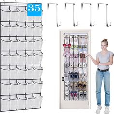 a woman standing next to a rack with shoes hanging on it and an over the door shoe organizer