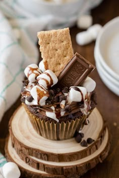 A s'mores cupcakes on a wooden stand. Mini Smores, S Mores Cupcakes, Smores Cupcakes, Cake Base, Cupcake Cake Designs, Gourmet Cupcakes, Fall Cakes, Cupcake Flavors, Cupcakes Recipe