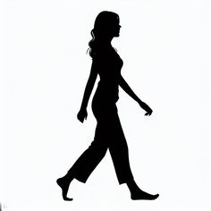 a woman walking across a white background