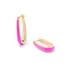 Enamel embellishments amp up your favorite earring essential in the Kelsey Gold Hoop Earrings in Pink Enamel. Crafted in a face-framing, tapered design, these contemporary hoops really pop with their colorful enamel accents. Sophisticated yet playful, you’ll attract major ear stack envy every time you style these hoops. Pair with our matching necklace to complete the look! Also available in white, chartreuse, purple, and turquoise! Metal: 14k Gold Over Brass Material: Pink Enamel Closure: Ear Po Consuela Bags, Sorrelli Jewelry, Ear Stack, Blue Candles, Silver Jewelry Necklace, Diamond Gift, Pink Enamel, Earrings In Gold, Face Framing