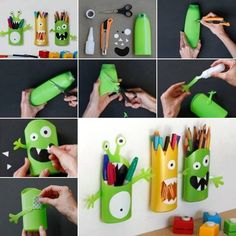 a collage of photos showing how to make monster pencil holders