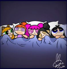 five cartoon characters laying in bed with the covers pulled back and covering their faces behind them