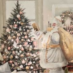 a painting of santa claus standing next to a christmas tree