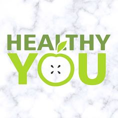 the words healthy you are written in green on a white marble background with an apple