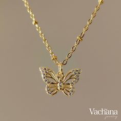 ~ Welcome to Vachana Jewellery ~ ✧ See our shop announcement for promotions, new product & updates ✧ 🍒 https://vachanajewelry.etsy.com ✨       ------------------------------------- ✧ All of our jewellery items are nickel, cadmium and lead free ✧      ------------------------------------- ✿ Product Description ✿ - Elegant Butterfly cubic zirconia 18k gold plated stainless steel necklace suitable for everyday jewellery or events - Necklace chain: length 45cm       -------------------------------- Gold Beaded Butterfly Necklace Gift, Gold Plated Butterfly Necklace, Gold Cubic Zirconia Butterfly Pendant Necklace, Elegant Gold Butterfly Metal Necklace, Elegant Gold Butterfly Pendant Necklace, Gold Pendent, Surf Jewelry, Pretty Jewelry Necklaces, Earthy Jewelry