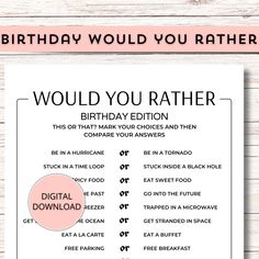 a birthday wish card with the words, would you rather?