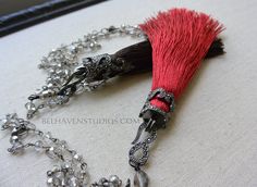 Pave' encrusted black CZ gunmetal Dark brown / Red silk tassel wire wrapped crystals gunmetal necklace Trendy Layering Boho Chic Rosary styl Wire Wrapped Crystals, Gunmetal Necklace, Wrapped Crystals, Boho Layering, Wire Wrapping Crystals, Layered Fashion, Red Silk, Hexagon Shape