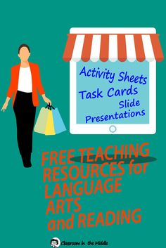 a woman carrying shopping bags with the words, free teaching resources for art and reading