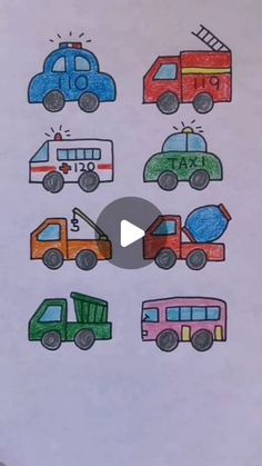 a child's drawing with cars and trucks drawn on it