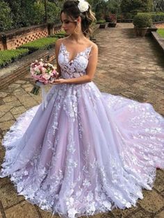 Prom Dresses Long White, Lace Long Prom Dress, Wedding Dress Necklace, Floral Wedding Gown, Colored Wedding Dress, Purple Wedding Dress, Long Train Wedding Dress, Lace Ball Gowns, Lace Wedding Dress Vintage