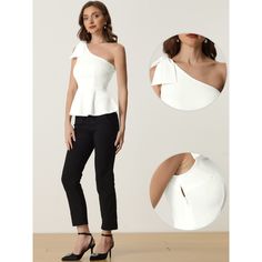 If you're looking for a stylish and feminine top that can be worn for almost any occasion, you might want to consider this peplum top. With its one-shoulder design, self-bow shoulder, ruffle hem, and peplum style, this top is both unique and flattering. The one-shoulder design accentuates your collarbone and adds a touch of elegance to your look, while the peplum style and ruffle hem create a flattering silhouette. This top is versatile enough to be worn for daily wear, casual outings, work, off Feminine Top, Peplum Styles, Holiday Vacation, One Shoulder Tops, Shoulder Design, Chic Woman, Ruffle Hem, Dinner Party, Peplum Top