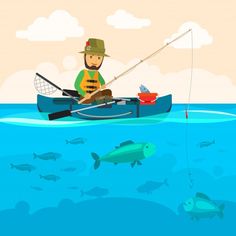 a man in a boat with a fishing rod and fish on the water, surrounded by smaller fish