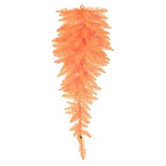 an orange christmas tree branch hanging from a string on a white background with clippings