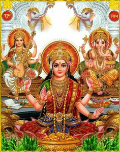 the hindu goddess sitting in front of three other deities, one holding her hands out