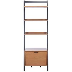 the shelving unit with drawers is made from wood and metal, it has three shelves on each side