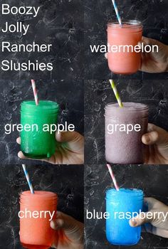 four different colored drinks with names on them