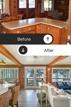 before and after photos of a log cabin kitchen remodel with wood paneling