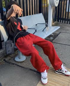 Red Joggers Outfit Men, Red Crewneck Outfit Men, Red Boy Aesthetic, Red And Black Outfits Men Street Styles, Mens Red Outfit, Red Fits Men, Jordan 6 Outfit Men, Red Outfits Men, Red Joggers Outfit