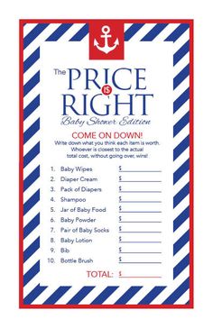 the price is right baby shower game with an anchor and stripes pattern on it's back