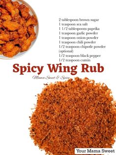 the ingredients for spicy wing rub in a bowl and on a white background with text