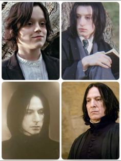 four pictures of the same person in different outfits, one with long hair and one with dark hair