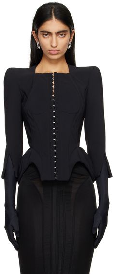 Stretch nylon bonded jersey jacket. · Paneled construction · Square neck · Hook-eye closure · Asymmetric peplum hem · Padded shoulders · Vent at cuffs Supplier color: Black Womens Suit Jacket, Hook And Eye Closure, Mugler Fashion, Mugler Jacket, Cowboy Couture, Structured Clothing, New Romantic Fashion, Mugler Outfit, Black Blouse Outfit